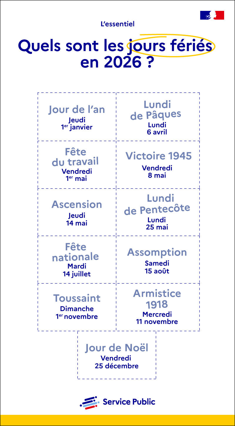 Jours f&eacute;i&eacute;s 2026